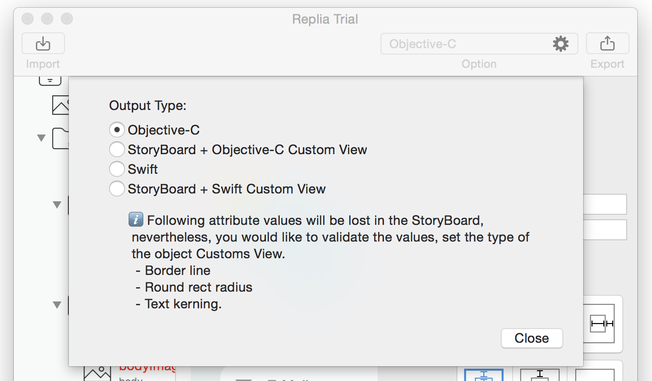 screen shot:export option